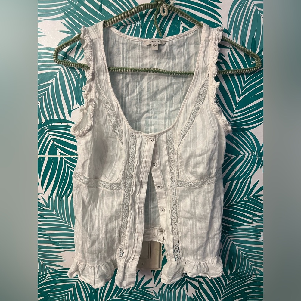 Guess white button down prairie top lace trim ruffled detail 100% cotton sz S